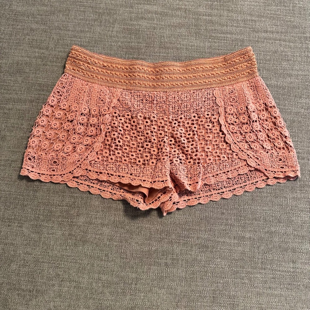 Jolt Crochet Shorts Womens Large Rose Gold Pink Boho Smocked Lace